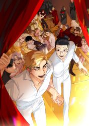 Rule 34 | 3girls, 6+boys, absurdres, black hair, blonde hair, character request, glasses, highres, king&#039;s maker, looking at another, multiple boys, multiple girls, open mouth, pants, shin soohyuk, shirt, smile, sys (king&#039;s maker), white pants, white shirt, wolfgang goldenleonard, yellow eyes