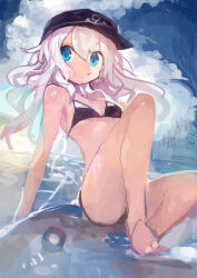 Rule 34 | 1girl, absurdres, bikini, black bikini, black hat, blue eyes, closed mouth, commentary request, flat cap, hat, hibiki (kancolle), highres, kaamin (mariarose753), kantai collection, knees up, long hair, peaked cap, sitting, solo, swimsuit, white hair
