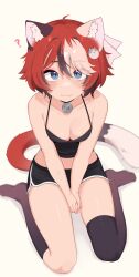 1girl :3 ? absurdres ahoge animal_ear_fluff animal_ears bare_arms bare_shoulders between_legs black_hair black_shorts black_socks black_thighhighs breasts cat_ears cat_girl cat_tail cleavage collarbone commentary dolphin_shorts english_commentary eyes_visible_through_hair fang fang_out freckles full_body hair_between_eyes hand_between_legs highres ivy_(nyaivie) kneehighs looking_at_viewer medium_breasts midriff multicolored_hair no_shoes nyaivie original red_hair short_hair shorts simple_background single_kneehigh single_sock single_thighhigh sitting socks solo spaghetti_strap streaked_hair tail thighhighs v_arms wariza white_hair yellow_background