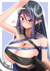 1girl absurdres arm_up armpits bandeau belt black_bandeau black_belt black_hair black_skirt blue_background blue_belt blue_hair blush breasts brown_eyes chest_belt cleavage closed_mouth commentary_request curled_horns demon_girl demon_horns grey_horns hair_between_eyes hebiyoi_tier hebiyoi_tier_(1st_costume) highres horns huge_breasts long_hair looking_at_viewer multicolored_hair nanashi_inc. navel no_jacket pointy_ears sidelocks skirt smile snake_bite solo two-tone_background two-tone_hair upper_body usami_(zanzanzaczac) virtual_youtuber white_background