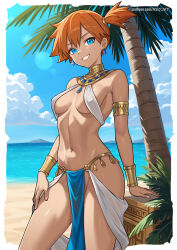 1girl artist_name beach blue_eyes blue_sky bracelet breasts cloud cowboy_shot dancer day earrings gold gold_armlet grin harem_outfit high_side_ponytail highres jewelry looking_at_viewer misty_(pokemon) navel neck_ring nintendo no_panties ocean orange_hair outdoors palm_tree patreon_username pelvic_curtain pokemon pokemon_(anime) redjet sky small_breasts smile stomach thighs tree watermark web_address