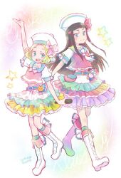 2girls arm_up ascot black_hair blonde_hair blue_eyes boots classicaloid hair_ornament hair_ribbon hairclip hat holding holding_microphone idol_clothes lace-up_boots long_hair microphone multicolored_skirt multiple_girls pink_shirt pyotr_illyich_tchaikovsky_(classicaloid) rekill-corps ribbon shirt skirt tekla_badarzewska-baranowska_(classicaloid) white_ascot white_boots white_hat