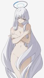 1girl bare_arms blue_archive breasts closed_eyes closed_mouth completely_nude convenient_censoring crossed_arms curvy feet_out_of_frame hair_censor halo head_tilt highres large_breasts long_hair navel noa_(blue_archive) nude reia_76 simple_background solo standing stomach thighs very_long_hair white_background white_hair white_halo