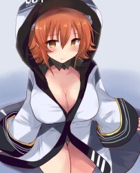 1girl absurdres arms_at_sides black_sailor_collar blush breasts brown_eyes brown_hair cleavage closed_mouth commentary flipped_hair hair_between_eyes headgear highres hirune_(konekonelkk) kantai_collection looking_at_viewer raincoat richard_p._leary_(kancolle) richard_p._leary_(rainy_season)_(kancolle) sailor_collar short_hair sitting smile solo thighs white_raincoat