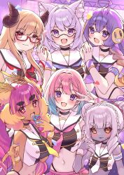 absurdres blonde_hair glasses highres ichigo_lemonade idol_clothes jastidols kumogorogoro midriff multicolored_hair pink_hair purple_eyes purple_hair reiyu_guigui tan tane_tenshi tanline two-tone_hair virtual_youtuber vividly_vivi white_hair yozora_aoi