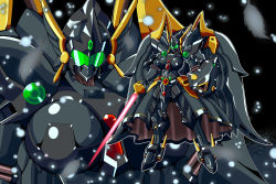 Rule 34 | absurdres, alternate color, angelg, breasts, energy sword, highres, holding, holding sword, holding weapon, large breasts, looking at viewer, mecha, mechanical skirt, mechanical wings, meganeon, multiple views, no humans, robot, shield, standing, super robot wars, super robot wars original generation, sword, visor, weapon, wings