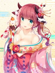 Rule 34 | 1girl, amakarashi, animal ears, breasts, chinese zodiac, cleavage, collarbone, cow ears, cow horns, dripping, earrings, floral print, floral print kimono, flower, food, fruit, green eyes, hair ornament, hair stick, highres, holding, holding food, holding ice cream, horns, ice cream, japanese clothes, jewelry, kimono, large breasts, mandarin orange, multicolored kimono, new year, original, print kimono, red flower, red hair, solo, tongue, wide sleeves, year of the ox, yellow flower