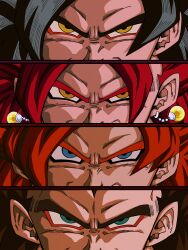 absurdres black_hair blue_eyes close-up cut-in dragon_ball dragon_ball_gt earrings eye_focus gogeta green_eyes hair_between_eyes highres hiro_(udkod1ezlyi2flo) jewelry looking_at_viewer male_focus monkey_boy multiple_boys persona_eyes potara_earrings red_hair saiyan smile smirk son_goku spiked_hair split_crop super_saiyan super_saiyan_4 vegeta vegetto yellow_eyes