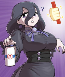 1girl ? alternate_breast_size baton_pass_(pokemon) black_eyes black_hair black_nails bottle breasts commentary_request dress eyelashes eyeshadow hair_between_eyes hex_maniac_(pokemon) hex_maniac_(pokemon_legends:_z-a) highres holding holding_baton holding_bottle large_breasts long_hair looking_down makeup milk_bottle moomoo_milk nail_polish neck_ribbon nintendo nutkingcall pokemon pokemon_legends:_z-a purple_background purple_eyeshadow purple_ribbon raised_eyebrows ribbon solo sparkle
