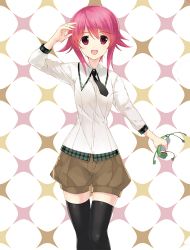 1girl arm_up beige_shorts black_thighhighs bow bowtie chaos;child female_focus highres looking_at_viewer necktie onoe_serika open_mouth pink_hair red_eyes sasaki_mutsumi school_uniform short_hair_with_long_locks shorts sidelocks smile solo thighhighs zettai_ryouiki