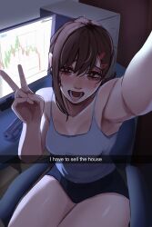1girl absurdres at_computer black_shorts brown_hair camisole chainsaw_man chair computer computer_tower crying crying_with_eyes_open english_text graph gun hair_ornament hairclip hand_up higashiyama_kobeni highres intel l1amanade looking_at_viewer monitor office_chair outstretched_arm screen_light selfie shorts sitting solo swivel_chair tears thighs v weapon white_camisole
