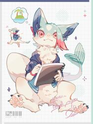 1other :3 animal_ear_fluff animal_ears animal_hands barcode border chibi chibi_inset chilfa_112 color_guide colored_eyelashes commission dated fins fish_tail fluffy full_body furry grid_background hair_over_one_eye highres image_in_thought_bubble large_ears legs_apart looking_at_viewer multicolored_hair musical_note neck_fur original pawpads pink_eyes simple_background sitting skeb_commission smile speech_bubble spoken_musical_note tail thank_you thought_bubble two-tone_hair