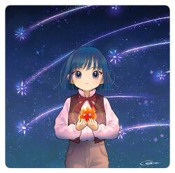 1boy blue_hair border brown_vest calcifer closed_mouth dot_nose eyelashes fire highres howl_no_ugoku_shiro howl_pendragon long_sleeves looking_at_viewer male_focus odetooo red_border shooting_star vest white_border