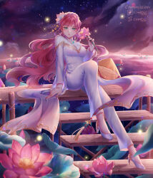 bug commission comt216 firefly flower green_eyes hat high_heels highres holding holding_flower insect long_hair lotus lotus_leaf night night_sky original pants pink_hair rice_hat sitting sky star_(sky) vietnamese_clothes ao_dai vietnamese_text white_pants