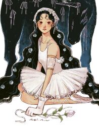 1girl ballerina ballet ballet_slippers black_hair breasts dress flower full_body gloves hair_flower hair_ornament highres horns leotard long_hair looking_at_viewer original rei_h6 signature simple_background single_horn solo tutu unicorn white_flower
