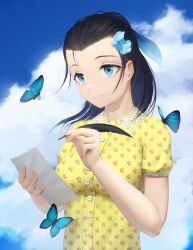 1girl absurdres black_hair blue_butterfly blue_eyes blue_sky breasts bug butterfly buttons check_copyright closed_mouth cloud cloudy_sky commentary commission copyright_request english_commentary fingernails floral_print flower_hairpin hair_bun highres holding holding_paper holding_stylus insect looking_at_object medium_breasts medium_hair numanoan original outdoors paper print_shirt shirt sky solo stylus yellow_shirt
