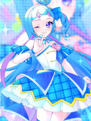 Rule 34 | 1girl, aokaze nana, blue eyes, blue hair, blue skirt, blush, breasts, collarbone, cure wink, detached collar, detached sleeves, dress, highres, imeri15, kimi to idol precure, long hair, one eye closed, plaid armband, plaid clothes, plaid ribbon, plaid skirt, plaid sleeves, precure, purple hair, ribbon, short sleeves, skirt, small breasts, smile, solo, strapless, strapless dress