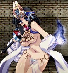 1girl ancient_egyptian ancient_egyptian_clothes ancient_princess_menace black_hair blue_eyes blue_fire breasts brick_floor brick_wall earrings fire gluteal_fold groin hakoiri_nyanko holding holding_staff hoop_earrings jewelry large_breasts loincloth menace_(queen&#039;s_blade) navel panties pelvic_curtain queen&#039;s_blade setra short_hair solo staff striped_clothes striped_panties tassel thigh_gap underboob underwear uraeus