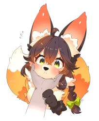 1girl :&lt; ahoge animal_ear_fluff animal_ears animal_nose black_hair body_fur bow breasts claws cropped_torso crossed_bangs disembodied_hand flying_sweatdrops fox_ears fox_girl fox_tail furry furry_female green_bow green_eyes hair_bow hand_on_another&#039;s_chin highres original simple_background tail tareme toconikky upper_body white_background
