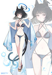 1girl absurdres animal_ears bare_shoulders bellflower bikini black_bikini black_hair blue_archive blue_bikini cat_ears chinese_bellflower flower getty-gy grey_eyes halo highres kikyou_(blue_archive) kikyou_(swimsuit)_(blue_archive) layered_bikini medium_hair multicolored_bikini navel official_alternate_costume sandals swimsuit thighs two-tone_bikini