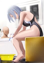 1boy 1girl ass bathroom bathtub black_one-piece_swimsuit blue_eyes breasts commentary_request grey_hair hair_ornament hair_over_one_eye hairclip hamakaze_(kancolle) highres indoors kantai_collection large_breasts one-piece_swimsuit short_hair sideboob soap_bubbles swimsuit two-tone_one-piece_swimsuit wa_(genryusui) white_one-piece_swimsuit