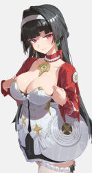 1girl astra_yao black_hair blunt_bangs breasts cleavage closed_mouth cowboy_shot cropped_jacket dress earrings grey_background hair_intakes hairband highres jacket jewelry large_breasts long_hair looking_at_viewer mole mole_under_eye necklace red_eyes red_jacket reulem simple_background smile solo very_long_hair white_dress white_hairband zenless_zone_zero