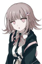 Rule 34 | 1girl, :o, breasts, brown hair, collared shirt, danganronpa (series), danganronpa 2: goodbye despair, flipped hair, galaga, hair ornament, highres, hood, jacket, long sleeves, looking at viewer, medium hair, nanami chiaki, neck ribbon, open clothes, open jacket, pink eyes, pink ribbon, ribbon, shirt, simple background, solo, spaceship hair ornament, teeth, two-tone shirt, upper teeth only, white background, white shirt, yoshimori saki