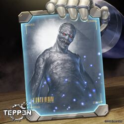 1other barcode capcom character_request company_connection crossover glowing glowing_eyes highres jun_ishimaru mega_man_(series) mega_man_x_(series) monster monster_focus no_pupils official_art open_mouth red_eyes regenerator resident_evil resident_evil_4 sharp_teeth table tablet_pc teeth teppen tongue