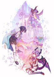 2boys ahoge arms_behind_back belt bird black_belt black_bodysuit black_bow black_hair black_leggings black_sandals black_shorts black_vest black_wings blue_cape blue_gemstone blue_sleeves blunt_ends bodysuit book boots bow building cape cat closed_mouth cloud crescent cross diamond_(gemstone) dragon dragon_horns dragon_tail dragon_wings durin_(real)_(genshin_impact) fang feathers flower frilled_sleeves frills furisode furry_and_humanization game_screenshot_background game_screenshot_inset gem genshin_impact gold hakama hakama_shorts heart highres horns japanese_clothes kimono kneeling lapels layered_sleeves leg_warmers leggings long_sleeves looking_at_another mini_durin_(dragon)_(genshin_impact) mini_durin_(genshin_impact) mini_durin_(human)_(genshin_impact) multiple_boys open_book open_mouth orange_eyes pleated_shorts pointy_ears pom_pom_(clothes) purple_eyes purple_hair purple_ribbon purple_rope purple_sash rainbowsugarflower red_brooch ribbon rope sandals sash scaramouche_(genshin_impact) screenshot_background short_sleeves shorts skin_fang small_dragon spoilers sun tail tassel thigh_boots toes umbrella vest vision_(genshin_impact) wanderer_(genshin_impact) white_boots white_kimono white_leg_warmers white_shorts white_sleeves white_undershirt wings yellow_feathers zouri