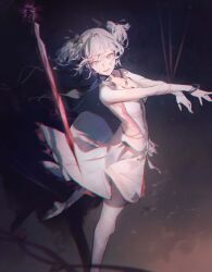 1girl absurdres black_flower breasts camellya_(wuthering_waves) chromatic_aberration collar collarbone commentary dress flower from_side hair_flower hair_ornament hair_vines highres leggings looking_at_viewer mooofoo open_mouth outstretched_arms shoes short_hair short_twintails sideless_dress small_breasts smile solo sword symbol-only_commentary tacet_mark_(wuthering_waves) twintails weapon white_collar white_dress white_eyes white_hair white_leggings white_shoes wuthering_waves