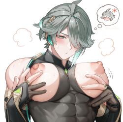 1boy abs alhaitham_(genshin_impact) alpaitham aqua_eyes aqua_hair black_gloves black_shirt blush breasts fingerless_gloves genshin_impact gloves grey_hair hair_between_eyes hair_over_one_eye highres jewelry large_breasts male_focus multicolored_hair muscular muscular_male nipples shirt short_hair solo white_background white_hair