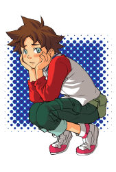 1boy blush brown_hair child eureka_seven eureka_seven_(series) green_eyes highres kimotohajime male_focus renton_thurston simple_background sitting solo