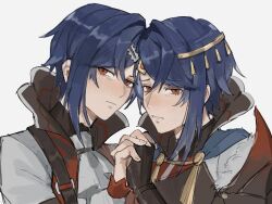 Rule 34 | 2boys, alcryst (fire emblem), armor, ascot, blue hair, circlet, closed mouth, fire emblem, fire emblem engage, hair between eyes, hair ornament, hairclip, high collar, highres, holding hands, looking at viewer, male focus, multiple boys, nintendo, red eyes, short hair, white background, wogesb