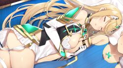 Rule 34 | 1boy, 1girl, arm between breasts, arm hug, armor, ass, bare shoulders, between breasts, blonde hair, blush, breasts, cleavage, closed eyes, commentary request, dress, earrings, elbow gloves, gloves, hetero, jewelry, large breasts, long hair, lying, mythra (xenoblade), on side, panties, pantyshot, parted lips, rex (xenoblade), sleeping, tiara, underwear, white dress, white gloves, white panties, xenoblade chronicles (series), xenoblade chronicles 2, yappen