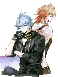 2boys antenna_hair apron black_choker black_gloves black_pants black_shirt blonde_hair blue_eyes braid brown_apron choker collared_shirt commentary_request facial_tattoo gloves gradient_hair hair_between_eyes half_gloves highres honkai:_star_rail honkai_(series) korean_commentary male_focus medium_hair multicolored_hair multiple_boys mydei_(honkai:_star_rail) neck_tattoo official_alternate_costume pants phainon_(fashion)_(honkai:_star_rail) phainon_(honkai:_star_rail) red_hair red_tattoo shirt short_hair side_braid simple_background sleeves_rolled_up sun_symbol sun_tattoo tan tattoo teugga3162 white_background white_hair white_shirt yellow_eyes