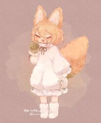 1girl :3 :d animal_ears ashiyu_(ashu-ashu) blonde_hair blush boots brown_background closed_eyes commentary_request fox_ears fox_girl fox_tail full_body green_mittens green_ribbon hair_between_eyes hand_up highres kudamaki_tsukasa long_sleeves mittens neck_ribbon open_mouth ribbon short_hair sleeve_ribbon smile solo standing tail thick_eyebrows touhou twitter_username watermark white_boots white_romper