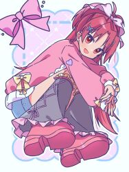 1girl boots full_body high_ponytail highres jacket long_hair mahou_shoujo_madoka_magica pink_jacket ponytail red_eyes red_hair ruru_(rurumagi) sakura_kyoko shorts solo very_long_hair