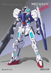 Rule 34 | blue eyes, character name, clenched hand, commentary, commission, english commentary, gun, gundam, gundam 00, gundam raphael, harryych, highres, holding, holding gun, holding weapon, mecha, no humans, redesign, robot, science fiction, shadow, shield, solo, standing, v-fin, weapon