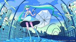 1girl alternate_costume aqua_eyes aqua_hair blue_dress boots city cityscape closed_mouth cloud commentary dress full_body gradient_sky hair_between_eyes hatsune_miku long_hair looking_ahead loose_hair_strand nakazawa_ayami railing sample_watermark sky sleeveless sleeveless_dress solo streamers transparent transparent_umbrella twintails umbrella very_long_hair vocaloid watermark white_boots