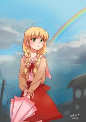 Rule 34 | 1girl, blonde hair, blush, bow, braid, brown cardigan, cardigan, cloud, dark clouds, dated, green eyes, holding, holding umbrella, long hair, long sleeves, looking afar, misaki juri, one - kagayaku kisetsu e, pink umbrella, rainbow, red ribbon, red skirt, ribbon, sailor collar, satomura akane, school uniform, skirt, solo, twin braids, umbrella, utility pole, white sailor collar