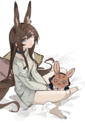 1girl absurdres amiya_(arknights) animal_ear_fluff animal_ears arknights blue_eyes brown_hair closed_mouth highres jiuxiaoshi long_hair looking_at_viewer rabbit_ears rabbit_girl shirt sitting solo white_background white_shirt