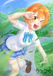 1girl ;) absurdres aqua_bow artist_name artist_request bare_legs black_legwear blue_bow blue_skirt blue_sky blush bow bowtie breasts brown_shoes cat_smile checkered_clothes checkered_skirt close-up cloud collared_shirt day falling_leaves female_focus floating_hair green_eyes hair_between_eyes highres hoshizora_rin jacket leaf long_sleeves looking_at_viewer love_live! love_live!_school_idol_project medium_breasts miniskirt one_eye_closed orange_hair otonokizaka_school_uniform outdoors parted_lips plaid_clothes plaid_skirt pleated pleated_skirt school_uniform shirt shoes short_hair short_sleeves skirt sky smile solo standing standing_on_one_leg striped_bow v-shaped_eyebrows white_shirt wink yellow_eyes