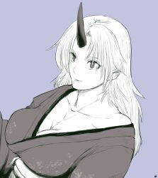 1girl blonde_hair breasts cleavage greyscale hanemikakko horns hoshiguma_yuugi hoshiguma_yuugi_(kimono) japanese_clothes kimono large_breasts long_hair looking_afar monochrome open_mouth parted_bangs simple_background single_horn smile solo touhou translation_request upper_body