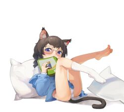 1girl :o aged_down animal_ear_fluff animal_ears black_hair blue_eyes blue_sweater blush book cat_ears cat_girl cat_tail commentary glasses hanekawa_tsubasa holding holding_book legs_up loli long_sleeves looking_at_viewer lying monogatari_(series) no_pants on_back panties parted_lips pillow shirt single_bare_leg single_sock socks solo sterlank sweater tail underwear white_background white_panties white_shirt white_socks