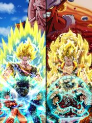 6+boys abs absurdres angry aura black_eyes black_hair black_sclera blonde_hair blue_sky clenched_teeth cloud colored_sclera commentary_request dragon_ball dragonball_z earrings electricity frown furrowed_brow fusion_dance gloves gogeta green_eyes halo hands_on_own_hips highres hiro_(udkod1ezlyi2flo) janemba jewelry majin_buu male_focus metamoran_vest multiple_boys muscular muscular_male open_mouth pointy_ears potara_earrings red_eyes serious sky smile son_goku sparkle split_screen super_buu super_saiyan super_saiyan_1 super_saiyan_2 teeth torn_clothes vegeta vegetto white_gloves