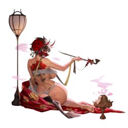 1girl ass back back_tattoo backboob black_hair breasts bruise bruise_on_ass budget_sarashi camellia chest_sarashi colored_smoke dark-skinned_female dark_skin demon_horns eyeshadow fangs floral_print flower flower_tattoo fundoshi hair_flower hair_ornament highres holding holding_smoking_pipe horns huge_ass huge_breasts incense incense_burner injury japanese_clothes kimono kiseru lamp last_origin looking_at_viewer looking_back makeup mask median_furrow melt_(last_origin) mouth_mask nail_polish non-web_source official_alternate_costume official_art oni_mask pink_eyes red_eyeshadow red_flower red_horns red_kimono red_nails ren._(ren.ko) sarashi short_hair simple_background sitting smoke smoke_trail smoking_pipe solo tachi-e tattoo transparent_background unworn_kimono yellow_flower yokozuwari