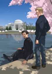 2boys avengers_(series) black_footwear black_hair black_jacket black_pants blonde_hair blue_pants blue_sky branch brown_eyes brown_footwear closed_mouth crossed_legs day denim facial_hair full_body hand_on_own_knee jacket lake long_sleeves looking_at_another marvel marvel_cinematic_universe multiple_boys open_mouth outdoors pants petals reflection reflective_water shadow shoes short_hair sitting sky smile standing steve_rogers tony_stark tree white_house yukko93