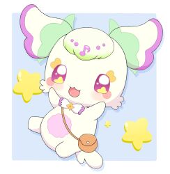 1girl :3 :d absurdres azuo_(azuo_ksy) bag blonde_hair blue_background blush blush_stickers bow bowtie chibi chibi_only chibikemo commentary_request creature creature_focus eighth_note facial_mark fairy furry furry_female gradient_hair green_hair heart heart_facial_mark highres kimi_to_idol_precure multicolored_bow multicolored_bowtie multicolored_hair musical_note open_mouth pink_eyes pouch precure purirun_(precure) shoulder_bag smile solo star_(symbol) star_in_eye symbol_in_eye two-tone_background two-tone_bow two-tone_bowtie two-tone_hair white_background white_bow white_bowtie yellow_fur