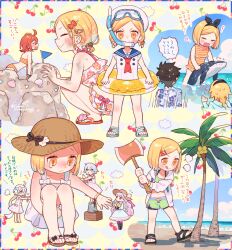 1boy 6+girls ahoge alternate_costume animal applying_sunscreen axe bikini bikini_shorts black_hair blonde_hair blue_background blue_flag blue_sailor_collar blush border breathing_tube building_sand_sculpture cherry cherry_background closed_mouth coconut_tree commentary_request crying dirty diving_mask dress facing_another fate/grand_order fate_(series) flag floral_print_bikini food frilled_bikini frills fruit fujimaru_ritsuka_(female) fujimaru_ritsuka_(female)_(brilliant_summer) fujimaru_ritsuka_(male) fujimaru_ritsuka_(male)_(tropical_summer) giant giantess goggles green_bikini grey_hair hair_ornament hairclip hat holding holding_animal holding_axe hood hooded_jacket innertube jack_the_ripper_(fate/apocrypha) jacket jeanne_d&#039;arc_(fate) jeanne_d&#039;arc_(swimsuit_archer)_(fate) jeanne_d&#039;arc_(swimsuit_archer)_(first_ascension)_(fate) jeanne_d&#039;arc_alter_santa_lily_(fate) knees_up multicolored_border multiple_girls multiple_views musical_note neckerchief nursery_rhyme_(fate) ocean one-piece_swimsuit open_clothes open_jacket open_mouth orange_eyes orange_hair orange_one-piece_swimsuit orange_sandals outdoors outside_border outstretched_arm palm_tree panicking paul_bunyan_(fate) red_neckerchief sailor_collar sailor_one-piece_swimsuit sand sand_castle sand_sculpture sandals sara_(kurome1127) seashell shell short_hair shorts sitting size_difference smile spoken_musical_note squatting sun_hat sunburn sundress swim_ring swimsuit tongue tongue_out translation_request tree two-tone_background whale white_dress white_jacket yellow_background