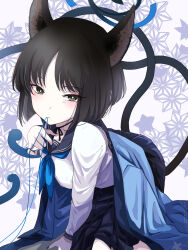 1girl animal_ears black_hair black_skirt blue_archive blue_jacket cat_ears cat_girl cat_tail extra_tails grey_eyes halo highres jacket kikyou_(blue_archive) komena_(shinyday312) looking_at_viewer sailor_collar school_uniform serafuku shirt skirt solo tail white_shirt